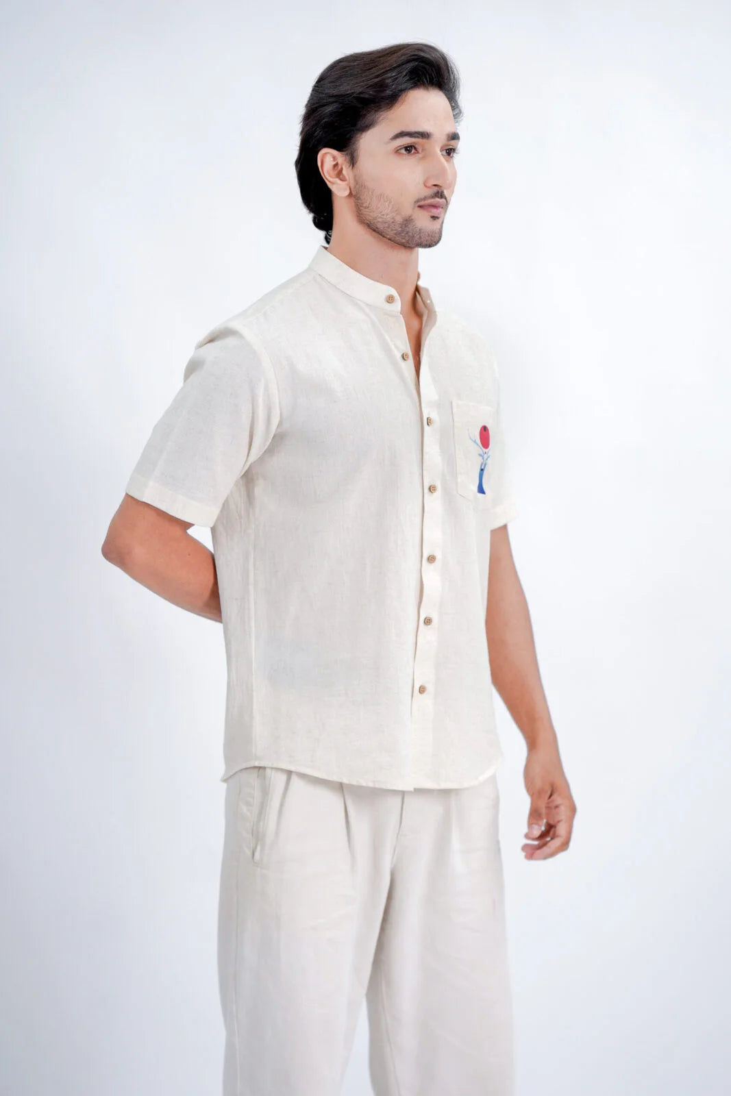 LINEN COTTON SHIRT WITH RED MOON DEER MOTIF