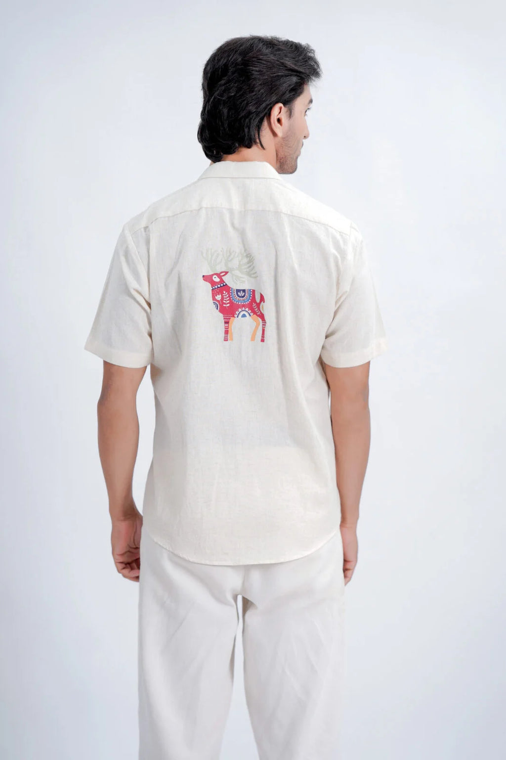 LINEN COTTON SHIRT WITH RED DEER MOTIF