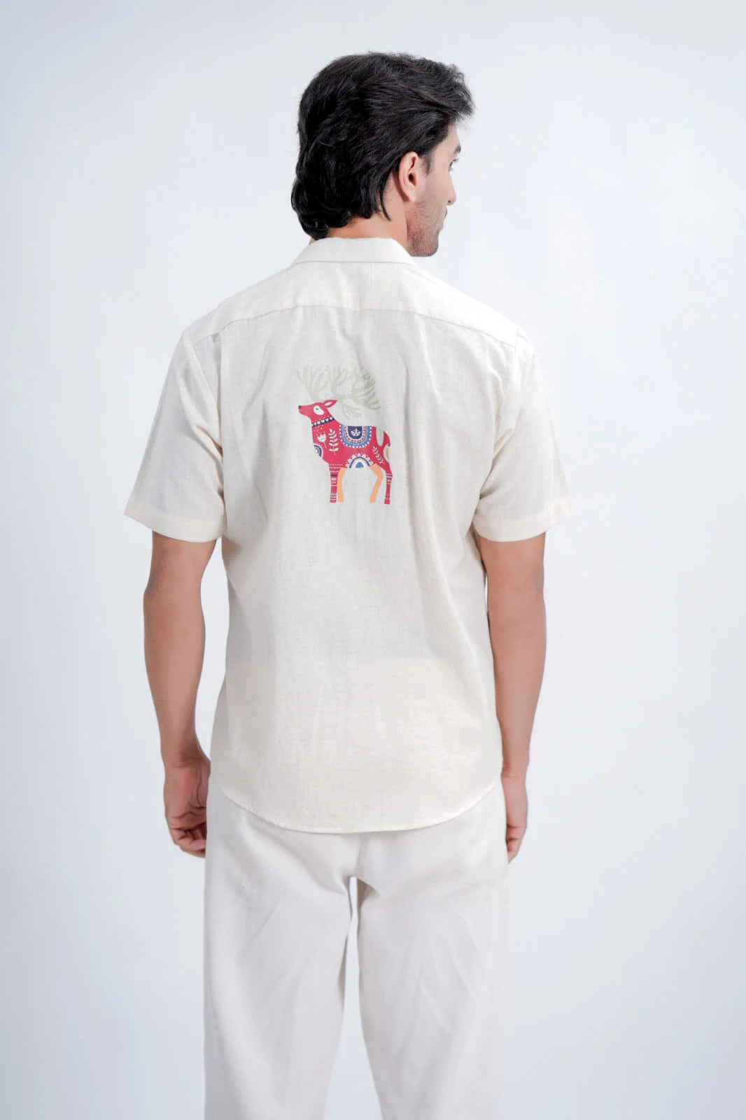LINEN COTTON SHIRT WITH RED DEER MOTIF