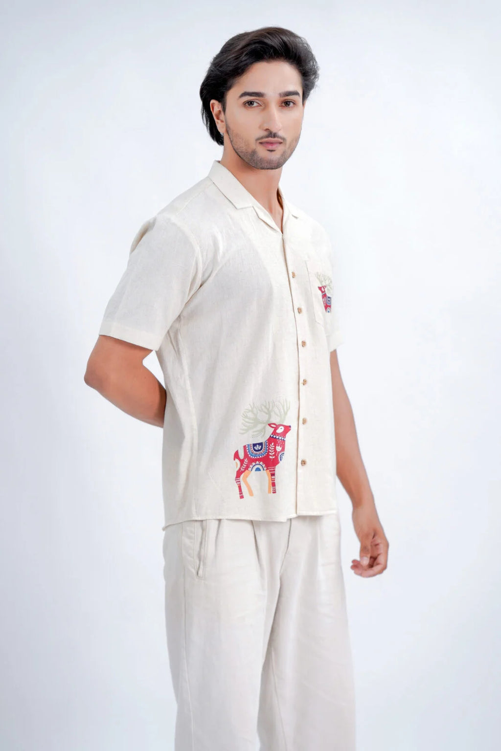 LINEN COTTON SHIRT WITH RED DEER MOTIF