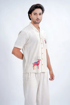 LINEN COTTON SHIRT WITH RED DEER MOTIF