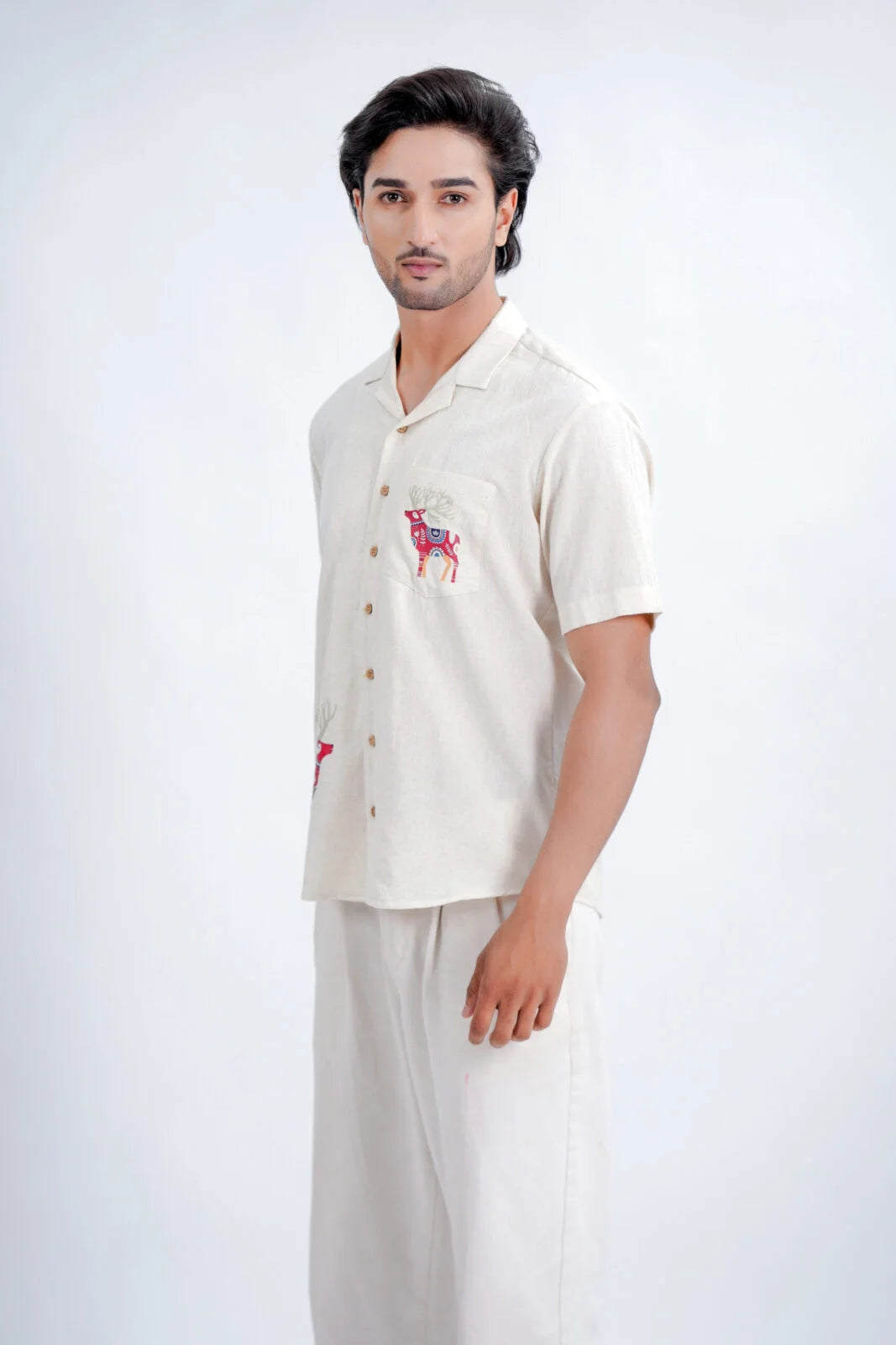 LINEN COTTON SHIRT WITH RED DEER MOTIF