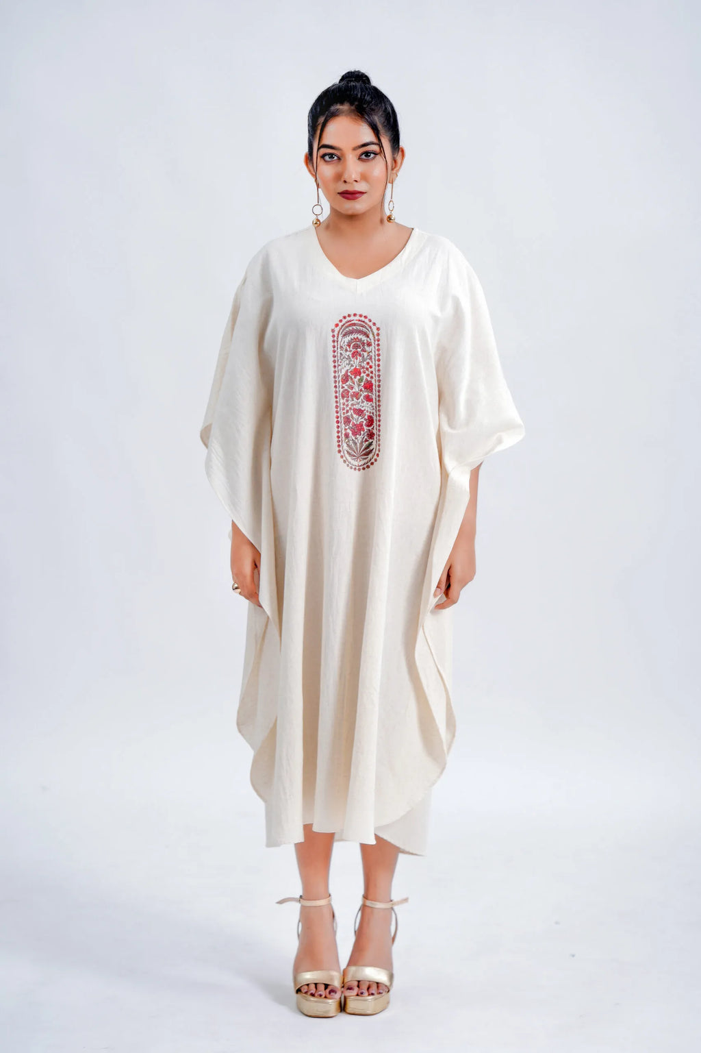 LINEN COTTON KAFTAN WITH RED ARCH MOTIF