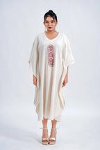 LINEN COTTON KAFTAN WITH RED ARCH MOTIF
