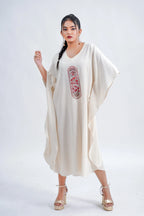 LINEN COTTON KAFTAN WITH RED ARCH MOTIF