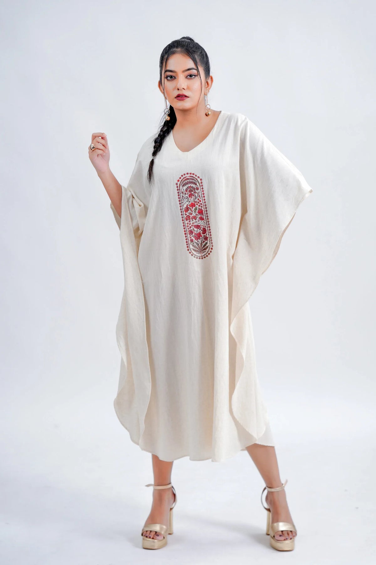 LINEN COTTON KAFTAN WITH RED ARCH MOTIF