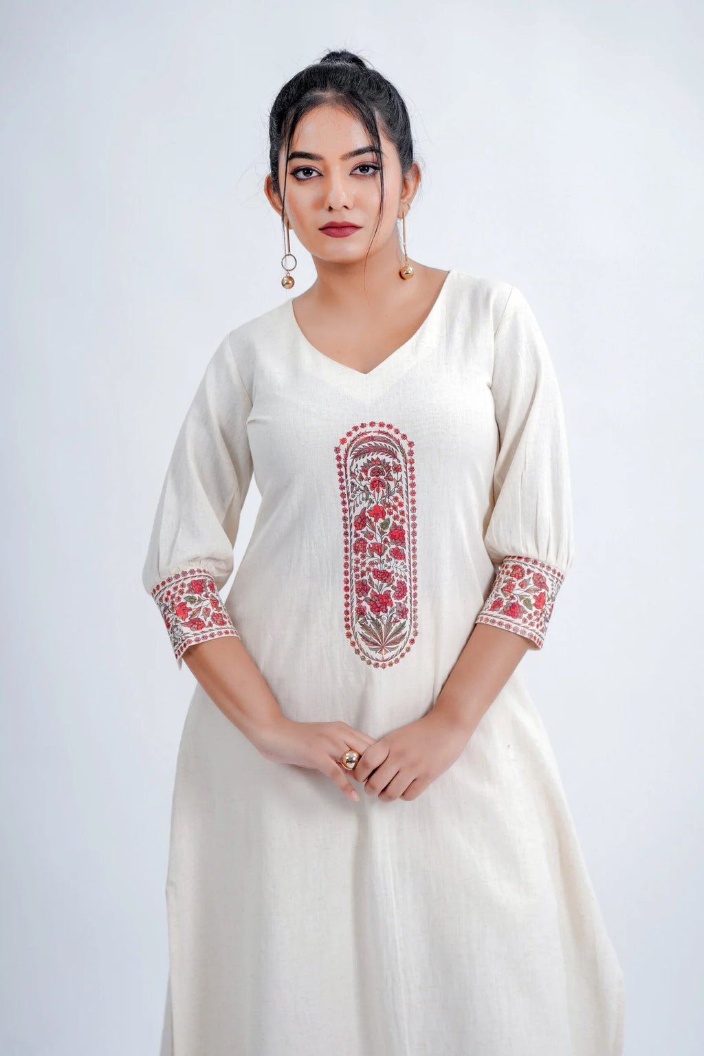 LINEN COTTON KURTA WITH RED ARK MOTIF