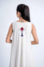 LINEN COTTON DRESS WITH RED MOON DEER MOTIF