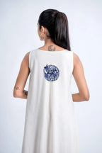 LINEN COTTON DRESS WITH INDIGO CAT NAP MOTIF