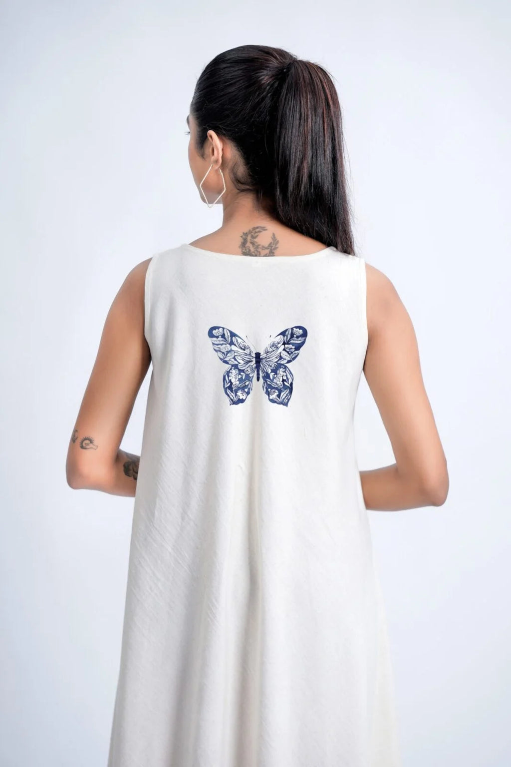 LINEN COTTON DRESS WITH INDIGO BUTTERFLY MOTIF