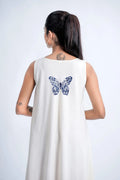 LINEN COTTON DRESS WITH INDIGO BUTTERFLY MOTIF