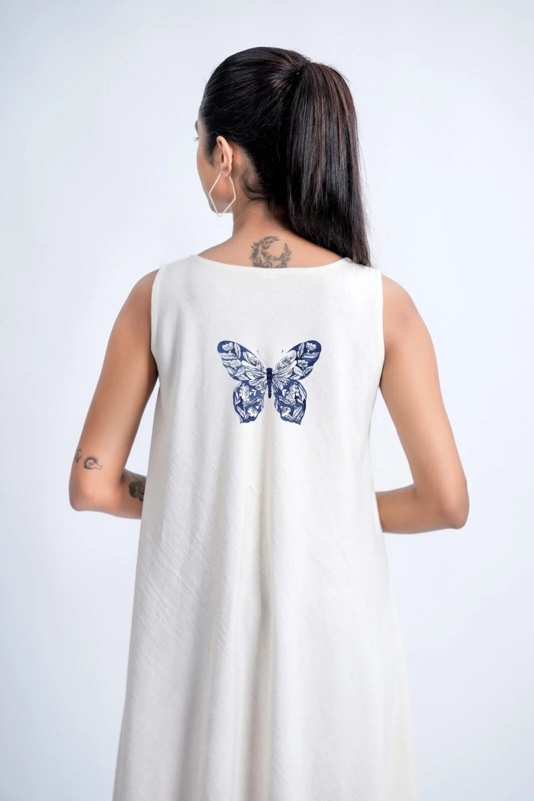 LINEN COTTON DRESS WITH INDIGO BUTTERFLY MOTIF