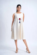LINEN COTTON DRESS WITH RED MOON DEER MOTIF