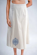 LINEN COTTON SKIRT WITH INDIGO FLORAL MOTIF