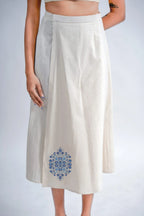LINEN COTTON SKIRT WITH INDIGO FLORAL MOTIF