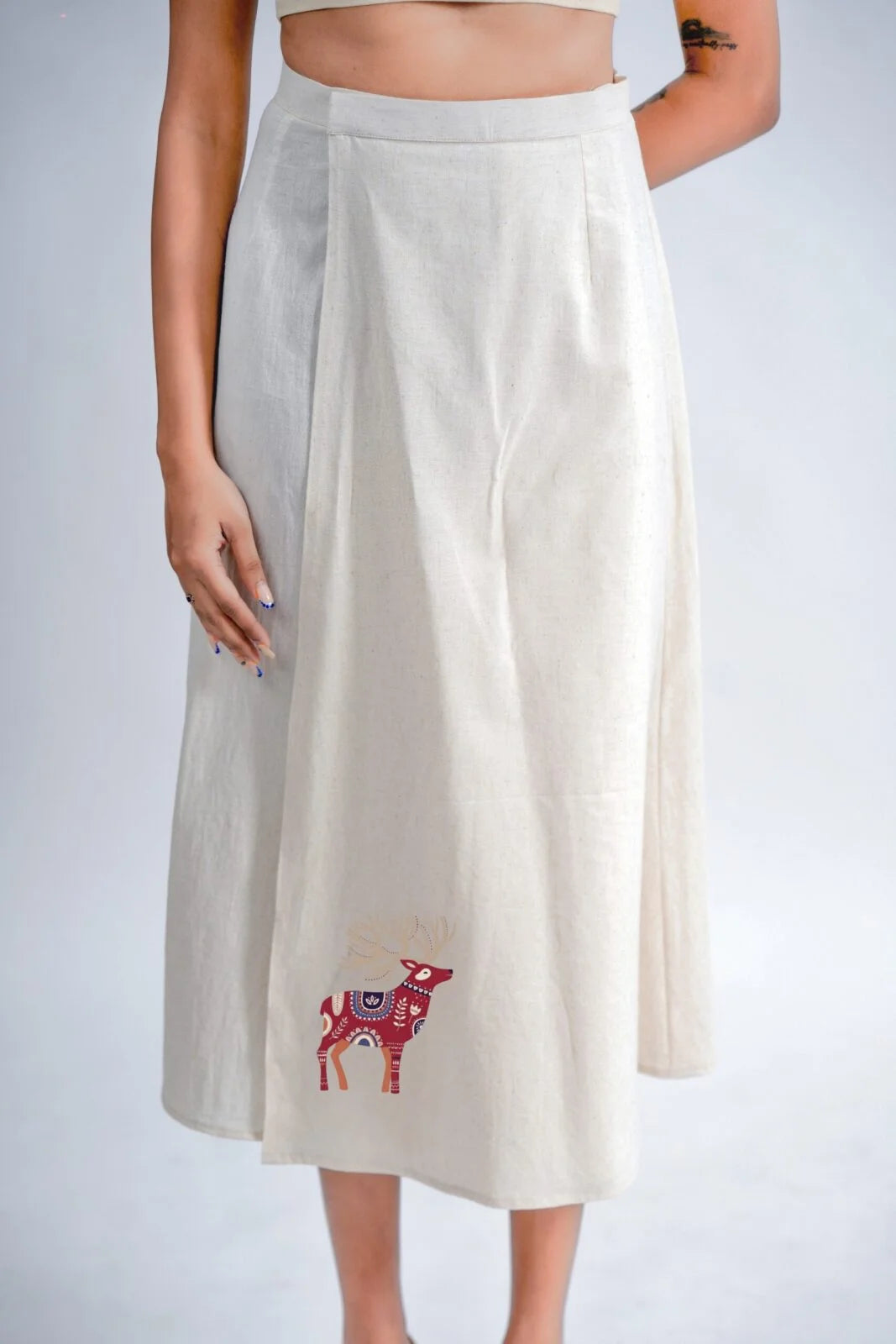 LINEN COTTON SKIRT WITH RED DEER MOTIF