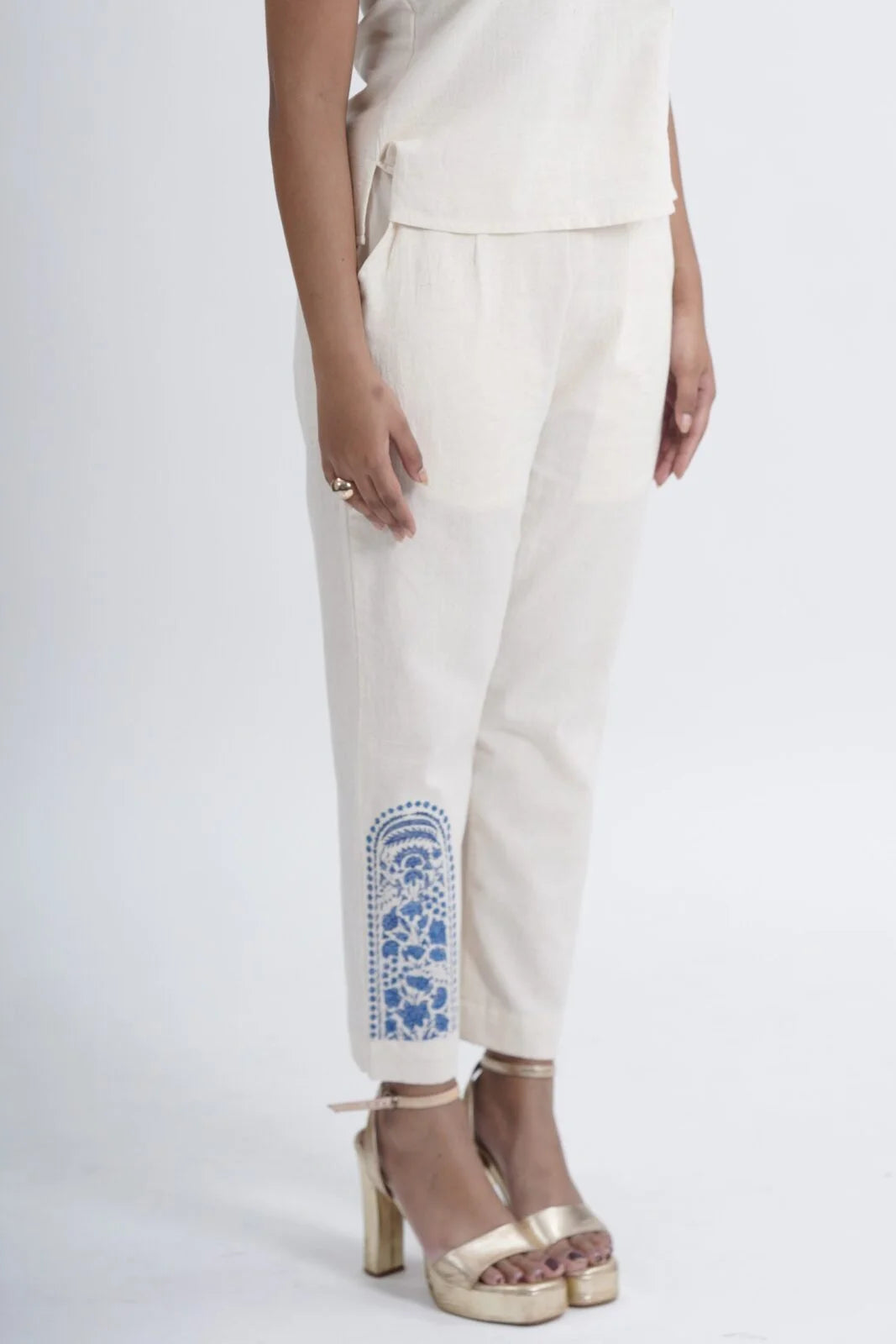LINEN COTTON WOMENS PANT WITH INDIGO ARK MOTIF