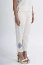 LINEN COTTON WOMENS PANT WITH INDIGO FLORAL MOTIF
