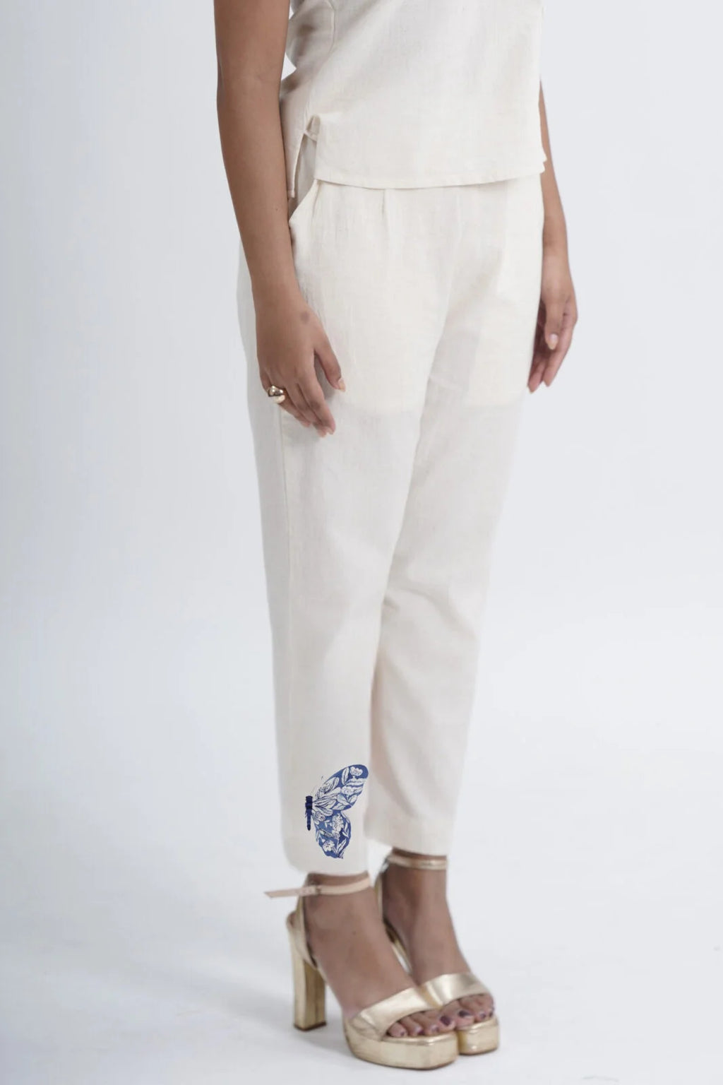 LINEN COTTON WOMENS PANT WITH INDIGO BUTTERFLY MOTIF