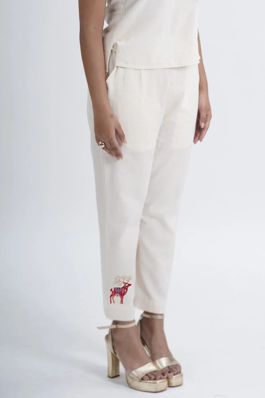 LINEN COTTON WOMENS PANT WITH RED DEER MOTIF