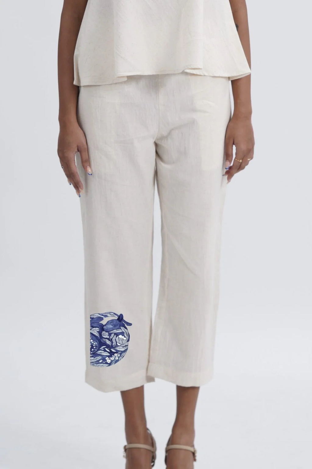 LINEN COTTON DRESS WITH INDIGO CAT NAP MOTIF