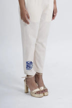 LINEN COTTON WOMENS PANT WITH INDIGO CAT MOTIF