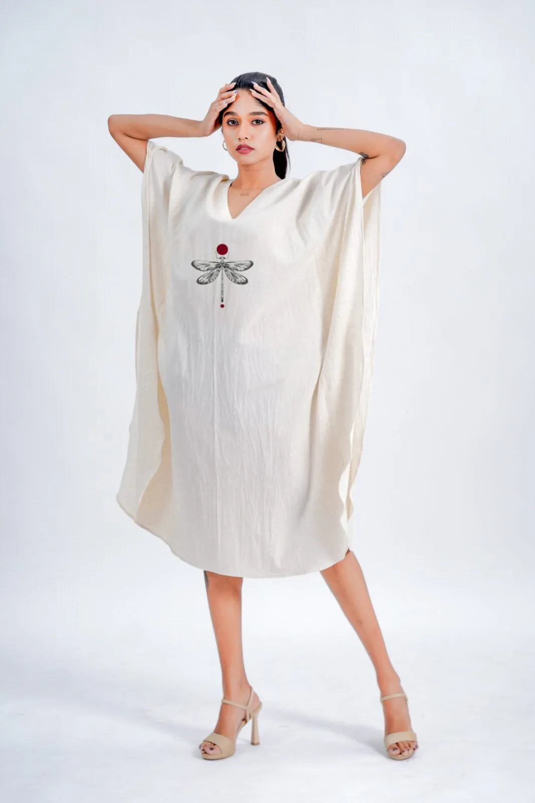 LINEN COTTON KAFTAN WITH DRAGONFLY MOTIF