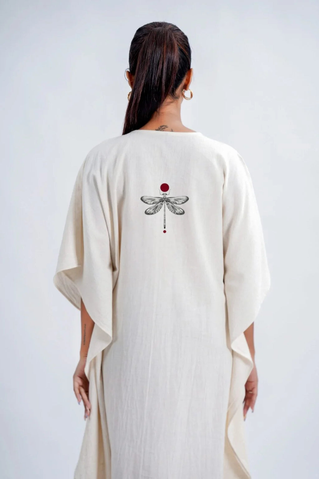 LINEN COTTON KAFTAN WITH DRAGONFLY MOTIF
