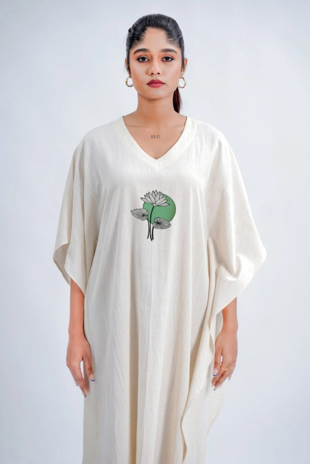 LINEN COTTON KAFTAN WITH MOON LOTUS MOTIF