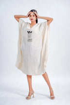 LINEN COTTON KAFTAN WITH COCONUT PALM MOTIF