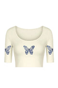 KNITTED COMFY STRETCHABLE BLOUSE WITH INDIGO BUTTERFLY MOTIF