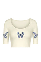 KNITTED COMFY STRETCHABLE BLOUSE WITH INDIGO BUTTERFLY MOTIF