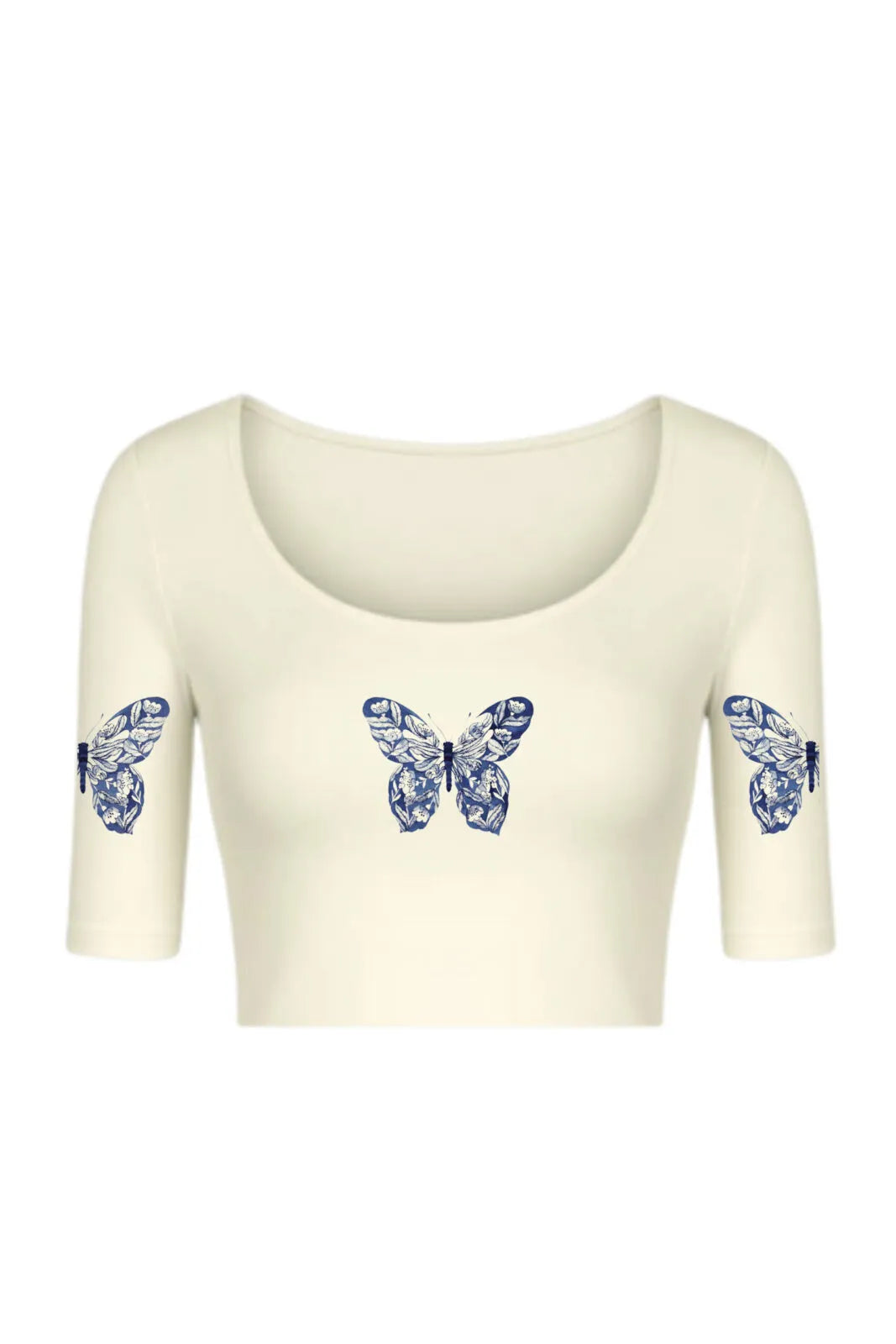 KNITTED COMFY STRETCHABLE BLOUSE WITH INDIGO BUTTERFLY MOTIF