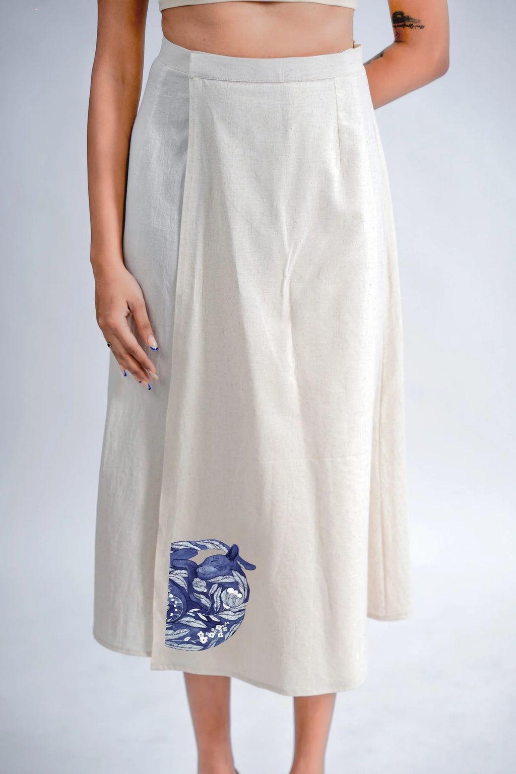 LINEN COTTON DRESS WITH INDIGO CAT NAP MOTIF