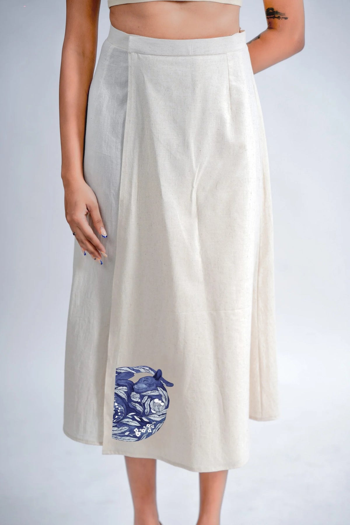 LINEN COTTON DRESS WITH INDIGO CAT NAP MOTIF