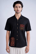 LINEN COTTON SHIRT BLACK WITH RED ARCH MOTIF
