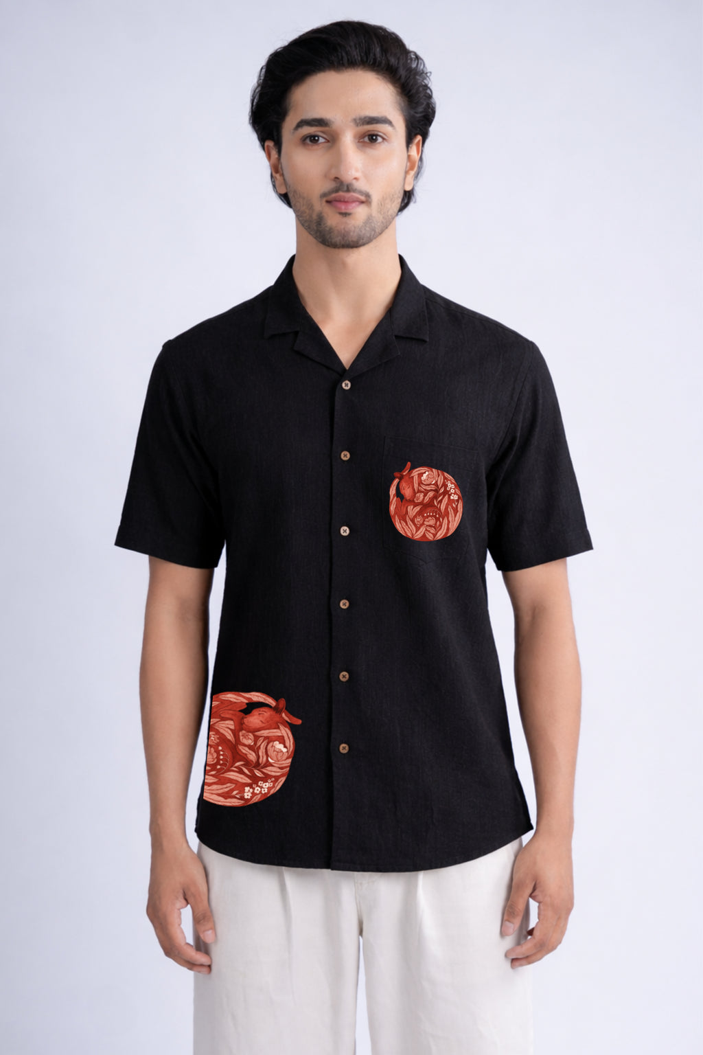 LINEN COTTON SHIRT BLACK WITH RED CAT NAP MOTIF