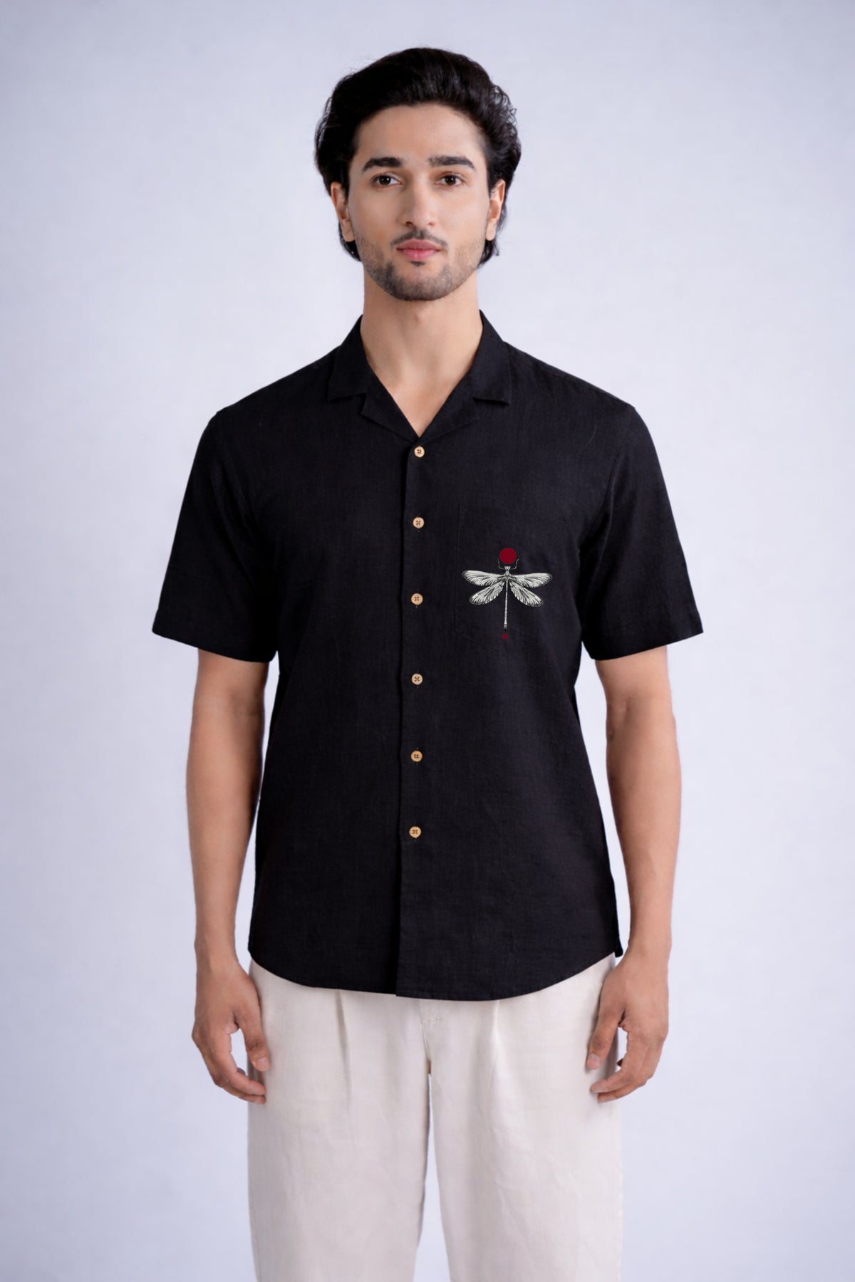 LINEN COTTON SHIRT BLACK WITH DRAGONFLY MOTIF