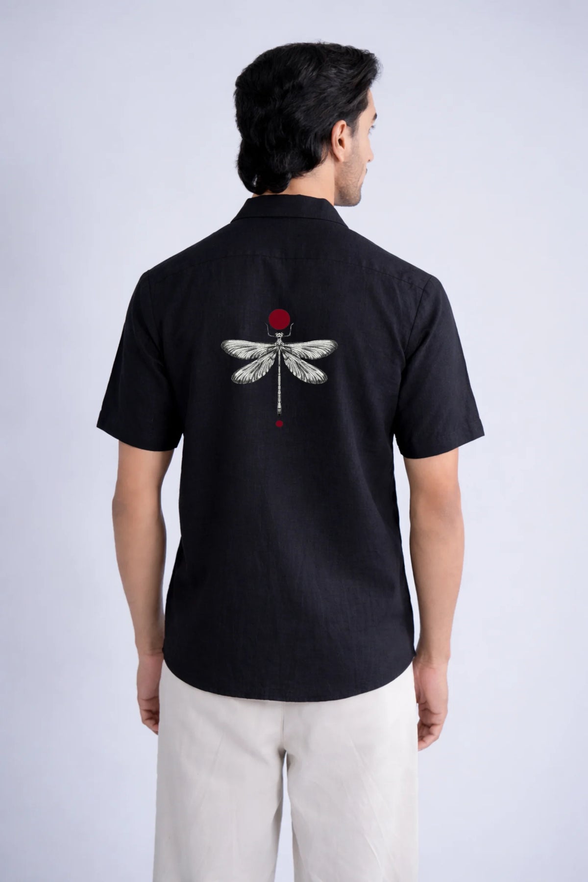 LINEN COTTON SHIRT BLACK WITH DRAGONFLY MOTIF