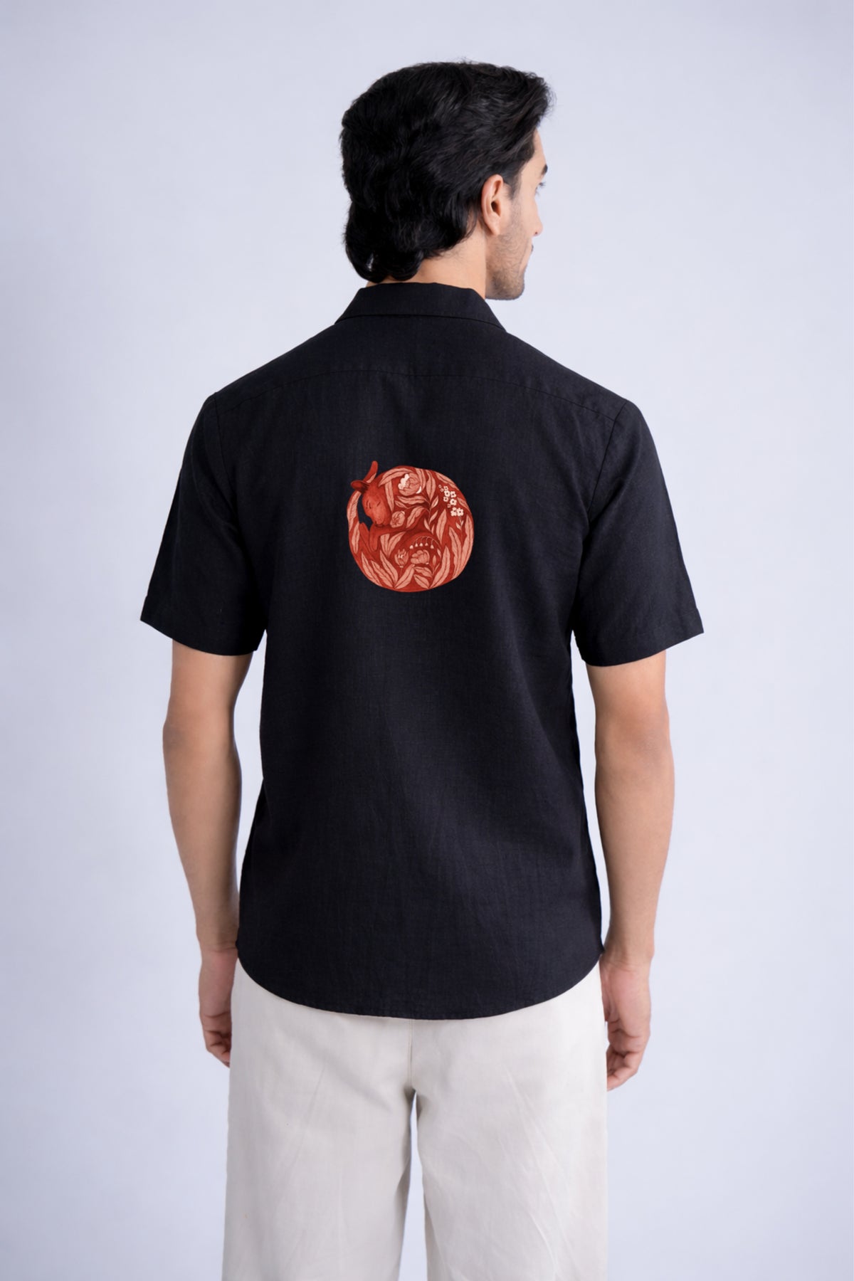 LINEN COTTON SHIRT BLACK WITH RED CAT NAP MOTIF