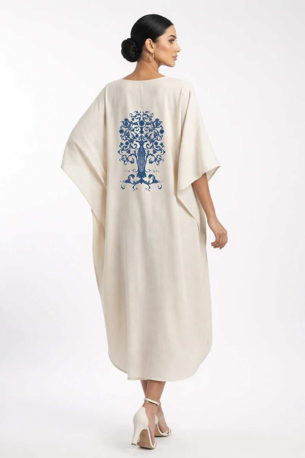 LINEN COTTON KAFTAN WITH INDIGO TREE MOTIF