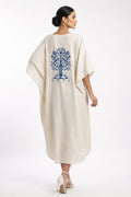 LINEN COTTON KAFTAN WITH INDIGO TREE MOTIF