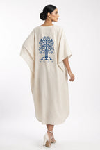 LINEN COTTON KAFTAN WITH INDIGO TREE MOTIF