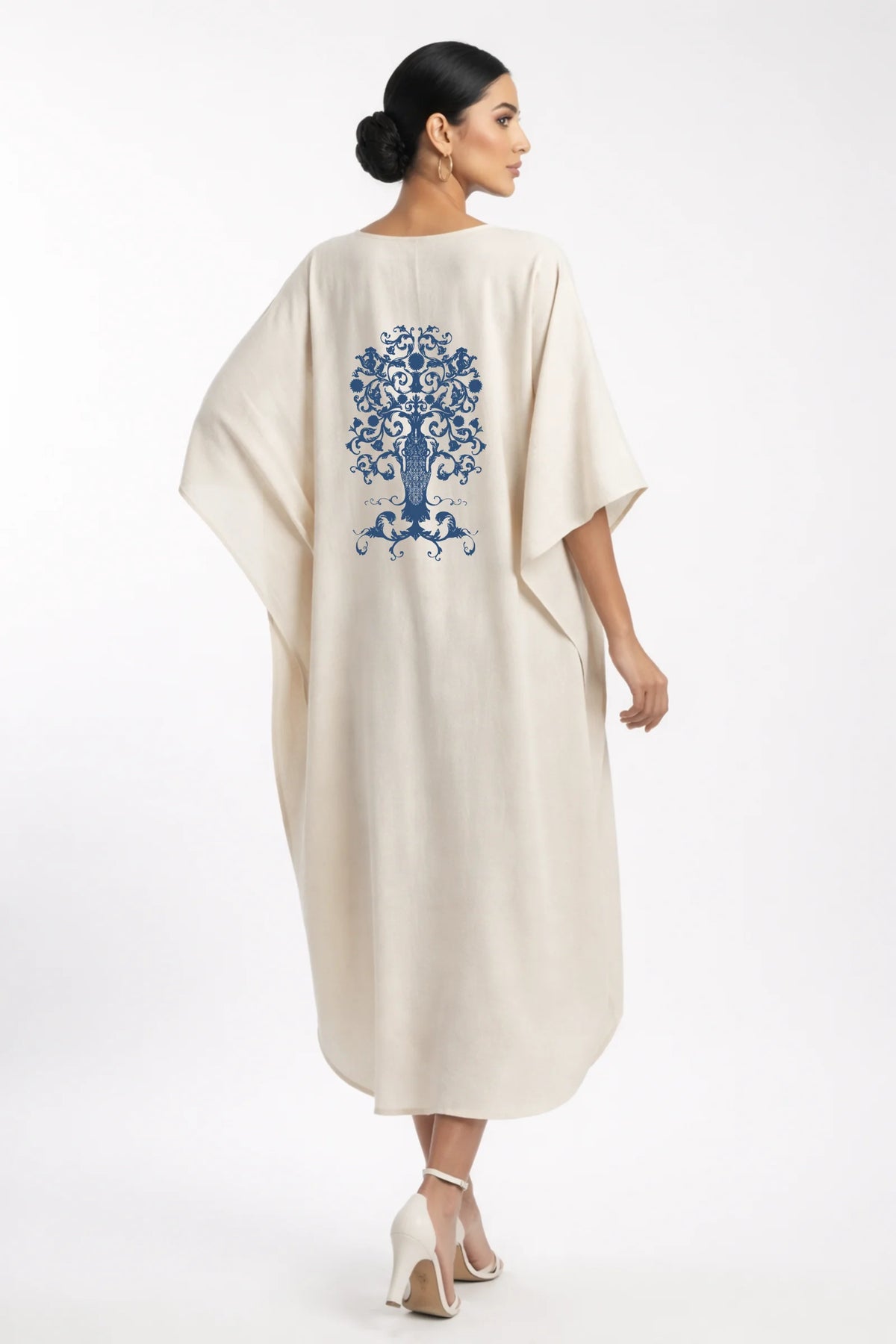 LINEN COTTON KAFTAN WITH INDIGO TREE MOTIF