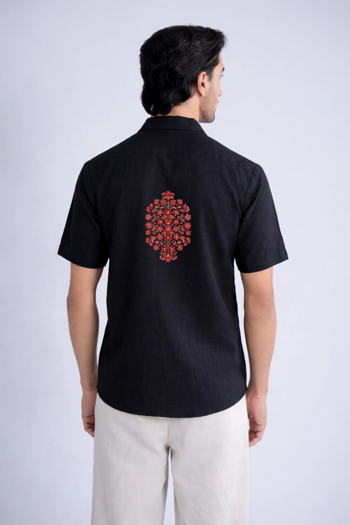 LINEN COTTON SHIRT BLACK WITH RED FLORAL MOTIF