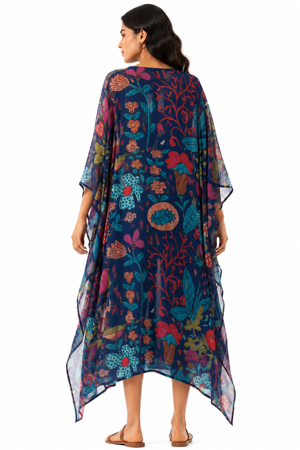 MUSLIN SILK FLORAL KAFTAN DARK BLUE