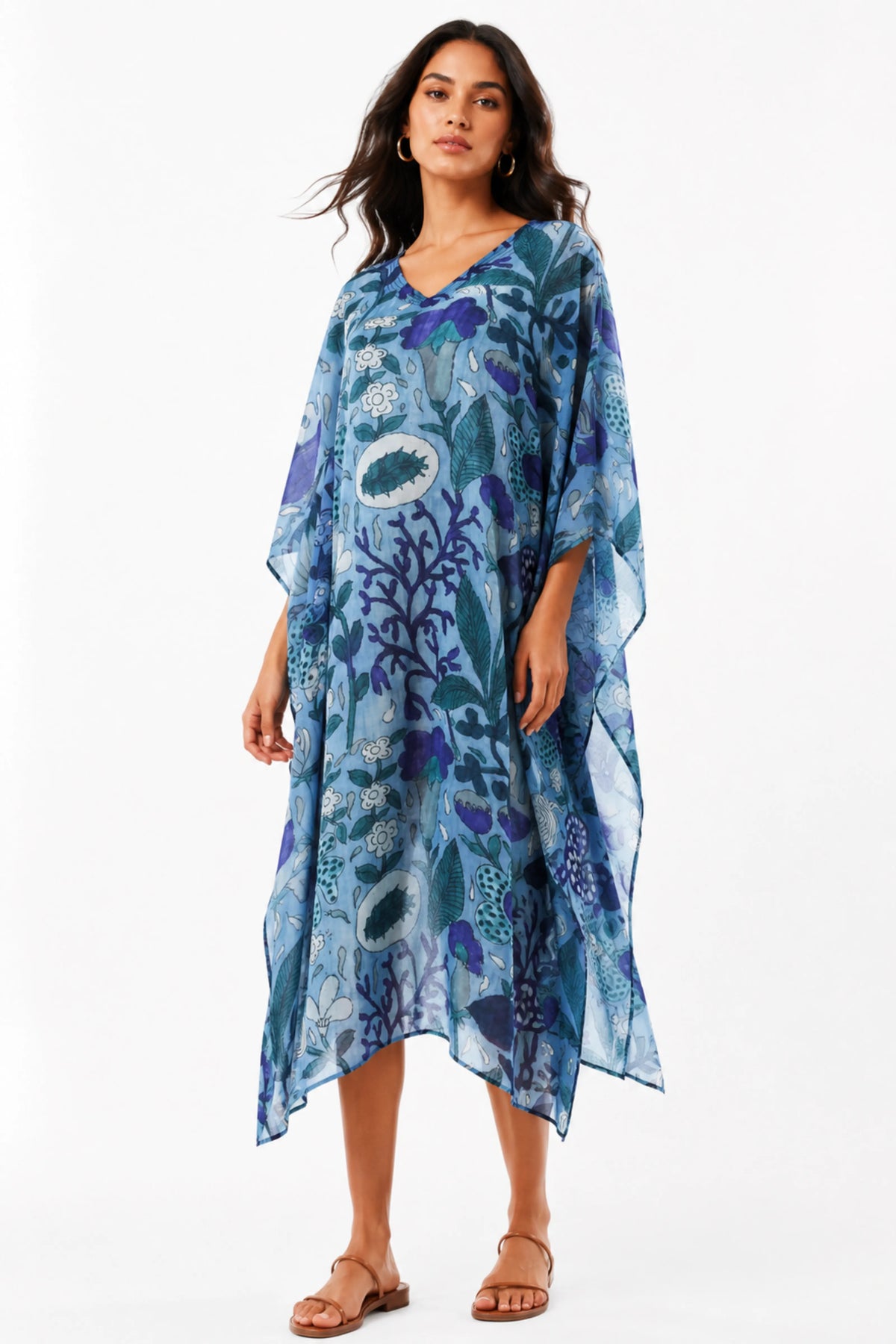 MUSLIN SILK FLORAL KAFTAN BLUE