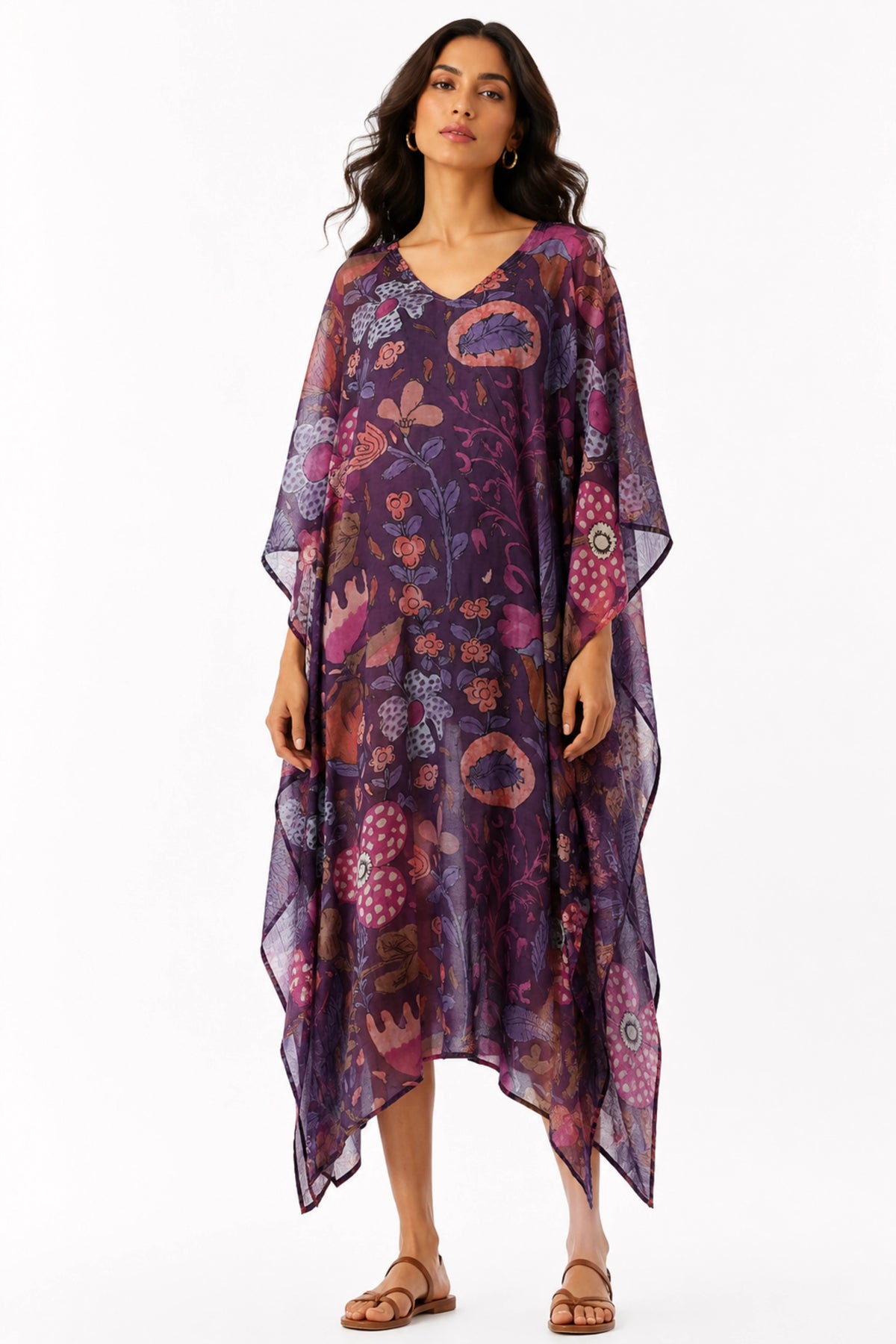 MUSLIN SILK FLORAL KAFTAN PURPLE
