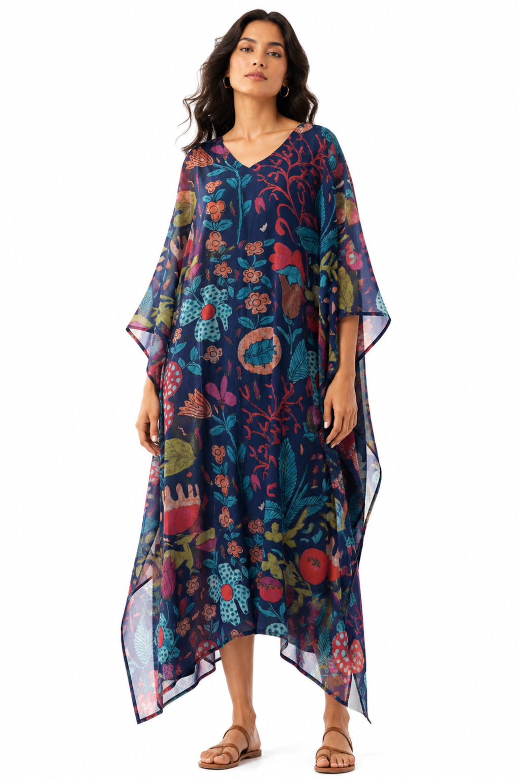 MUSLIN SILK FLORAL KAFTAN DARK BLUE