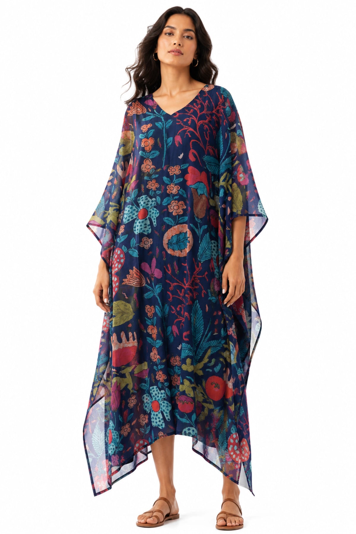 MUSLIN SILK FLORAL KAFTAN DARK BLUE